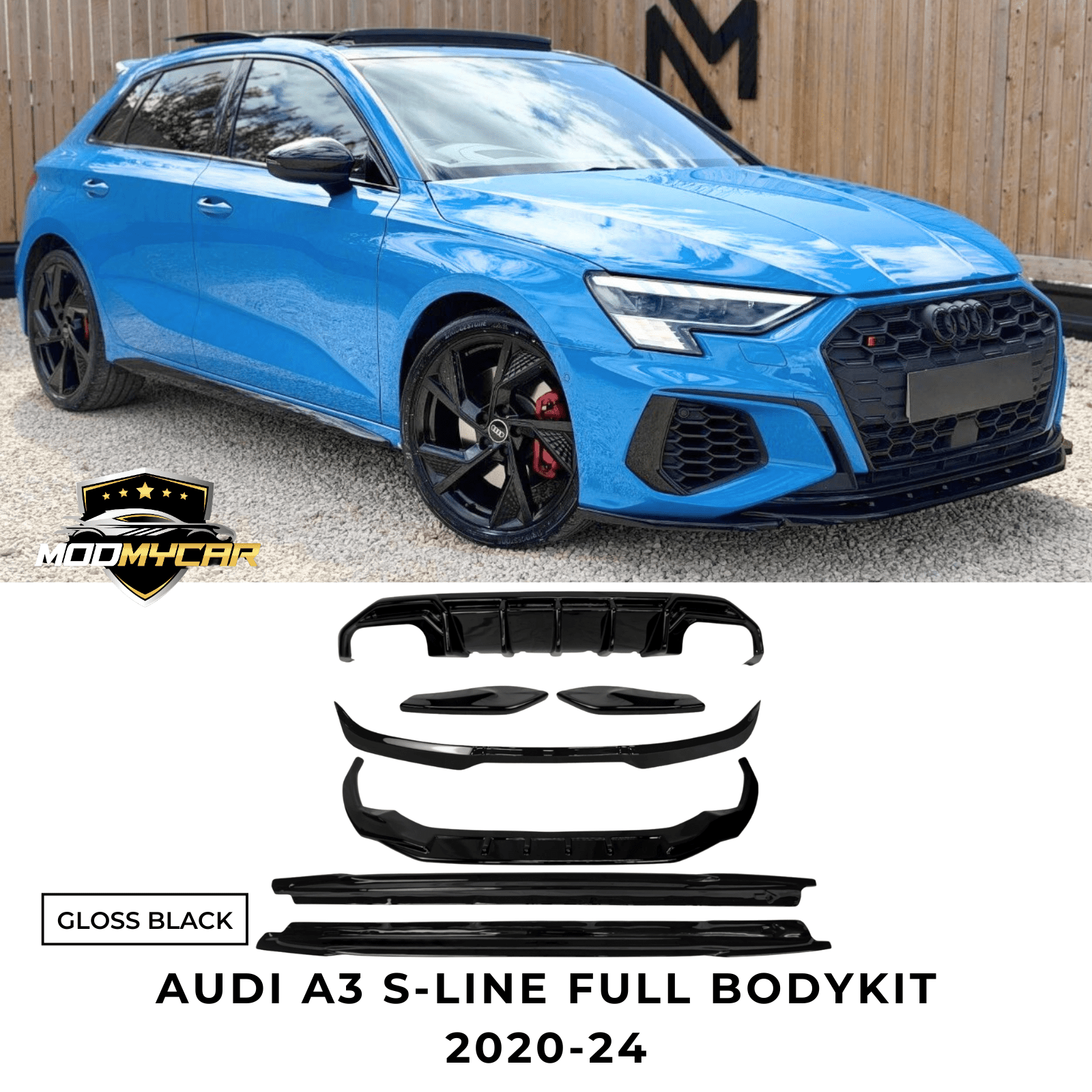 AUDI A3 8Y S - LINE FULL KIT S3 DIFFUSER SPLITTER SPOILER 2020 - 24 GLOSS BLACK - Mod My Car UK