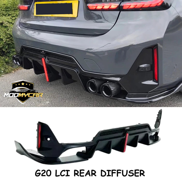 BMW G20 LCI REAR DIFFUSER 2022+ WITH LED BMW 3 SERIES BODY KIT GLOSS BLACK - Mod My Car UK