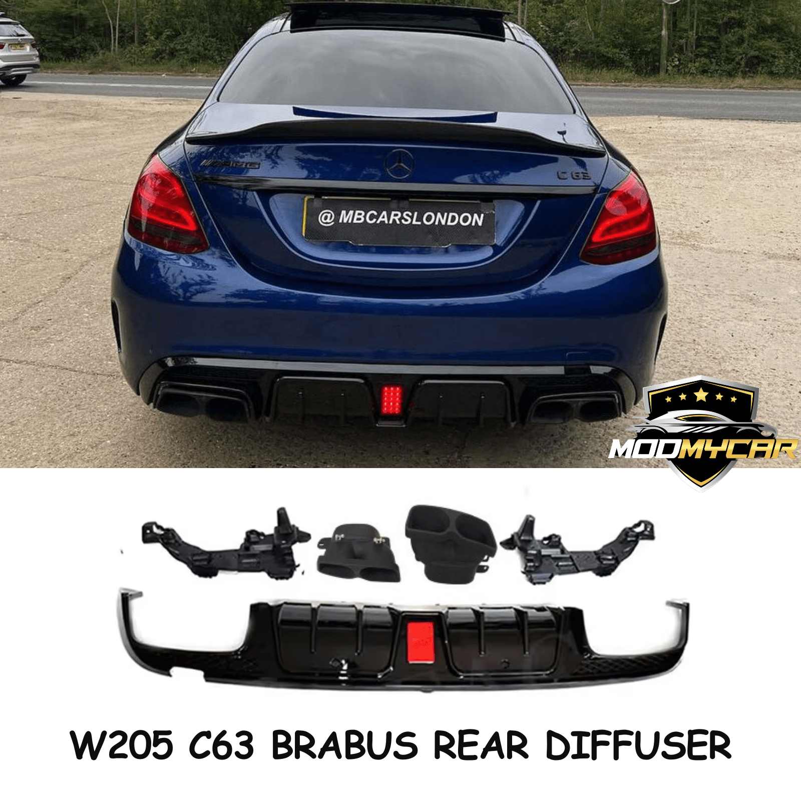 MERCEDES C CLASS REAR DIFFUSER AMG W205 C63 BRABUS STYLE GLOSS BLACK DIFFUSER - Mod My Car UK