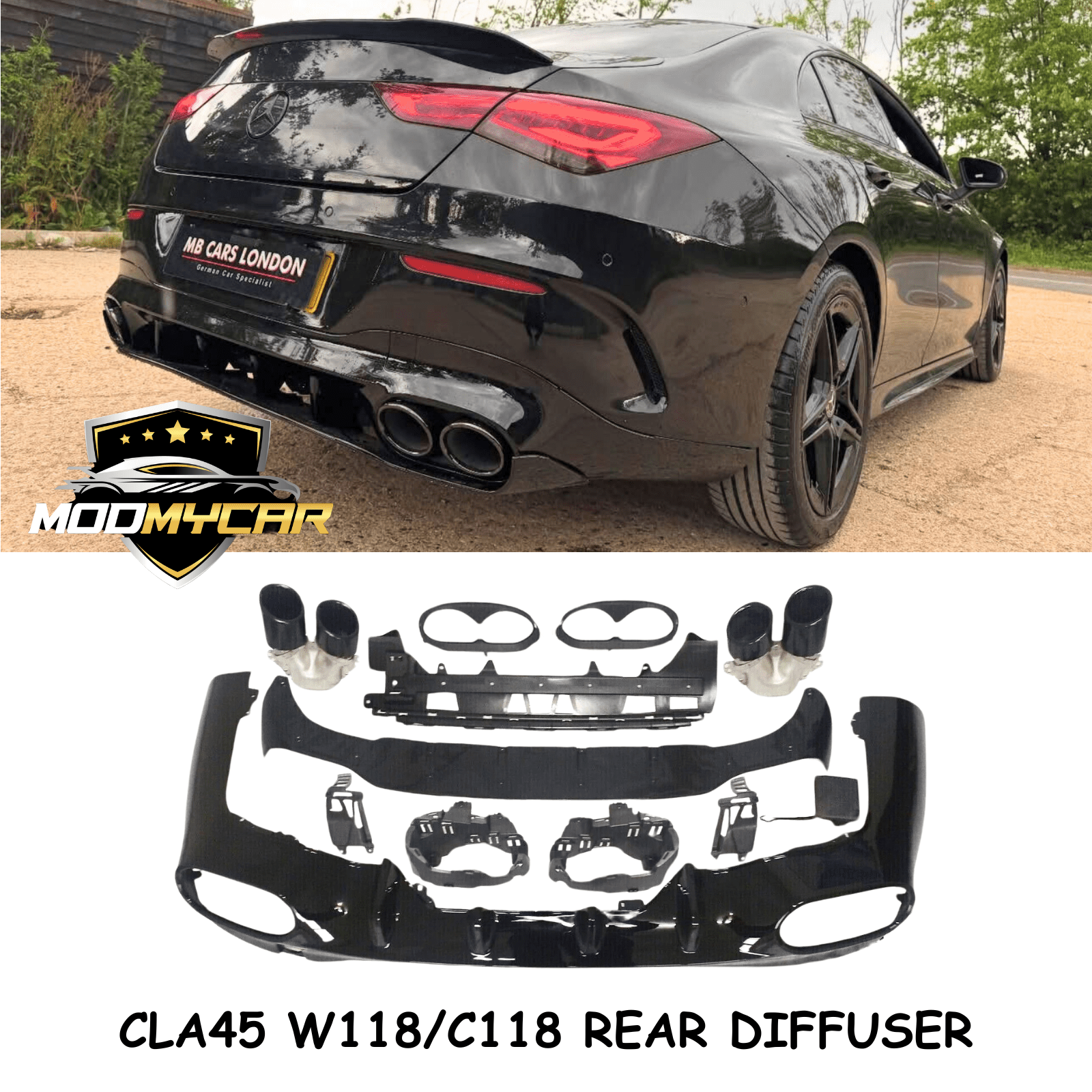MERCEDES CLA W118 C118 REAR DIFFUSER CLA45 QUAD TAIL PIPES GLOSS BLACK AMG 2019+ - Mod My Car UK