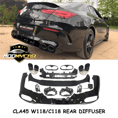 MERCEDES CLA W118 C118 REAR DIFFUSER CLA45 QUAD TAIL PIPES GLOSS BLACK AMG 2019+ - Mod My Car UK