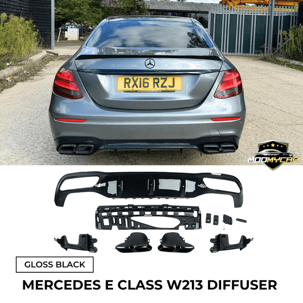 MERCEDES E CLASS REAR DIFFUSER W213 E63 STYLE AMG TAIL PIPES 2016 - 2020 GLOSS BLACK - Mod My Car UK